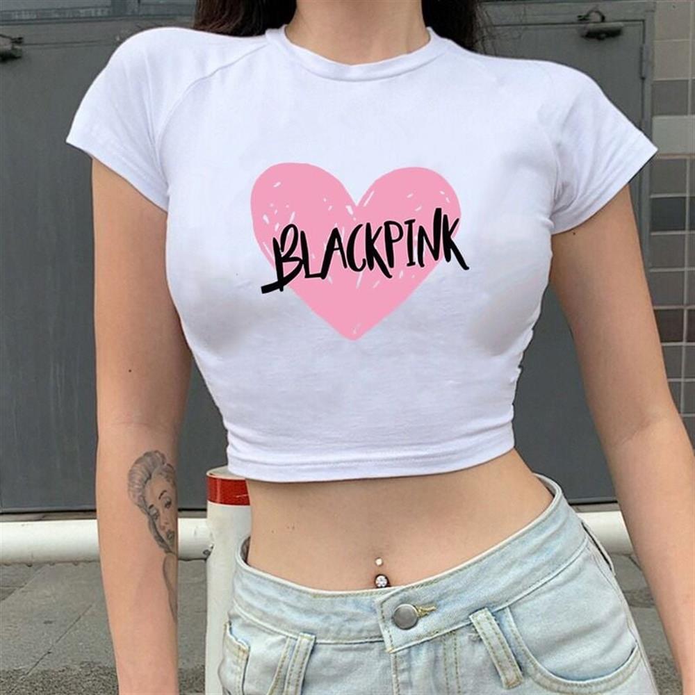 Blackpink Kalp Baskılı Beyaz Crop