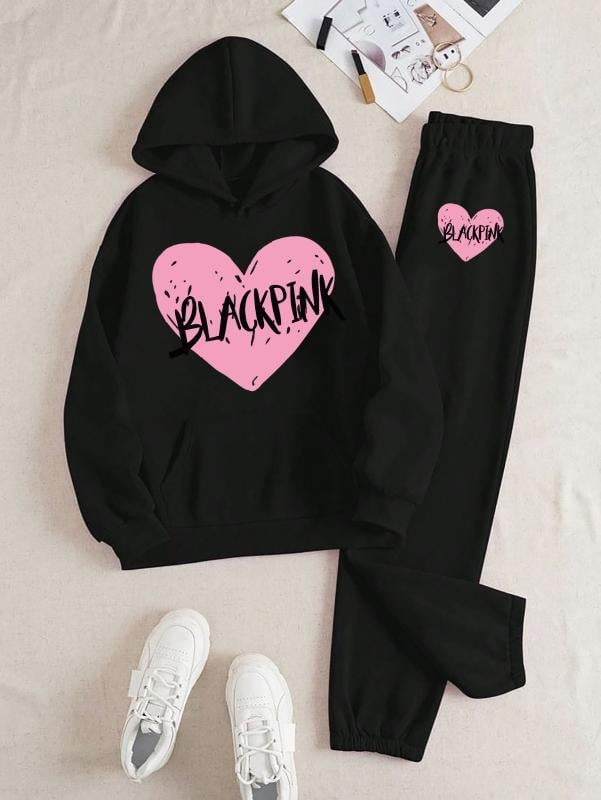 Blackpink Kalp  Baskılı Kapüşonlu Üst Eşofman Takım 