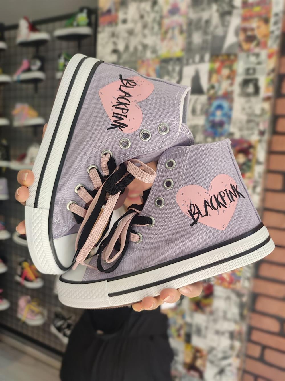 Blackpink Kalp Baskılı Lila Bilekli Spor Ayakkabı Sneaer(3 çift bağcıklı)