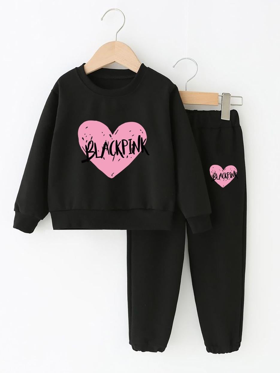 Blackpink Kalp Baskılı Siyah Kız Çocuk Eşofman Takım 