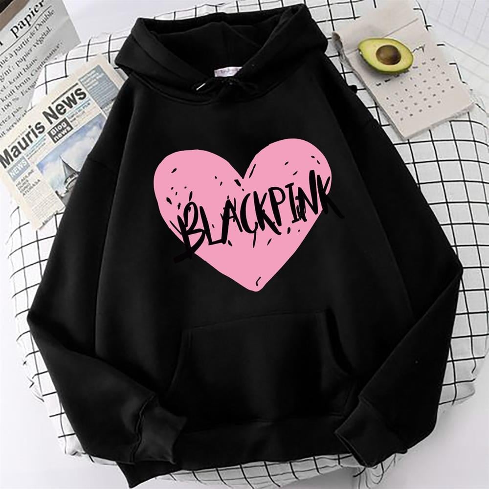 Blackpink Kalp Baskılı Siyah Oversize Sweatshirt Kapüşonlu Hoodie