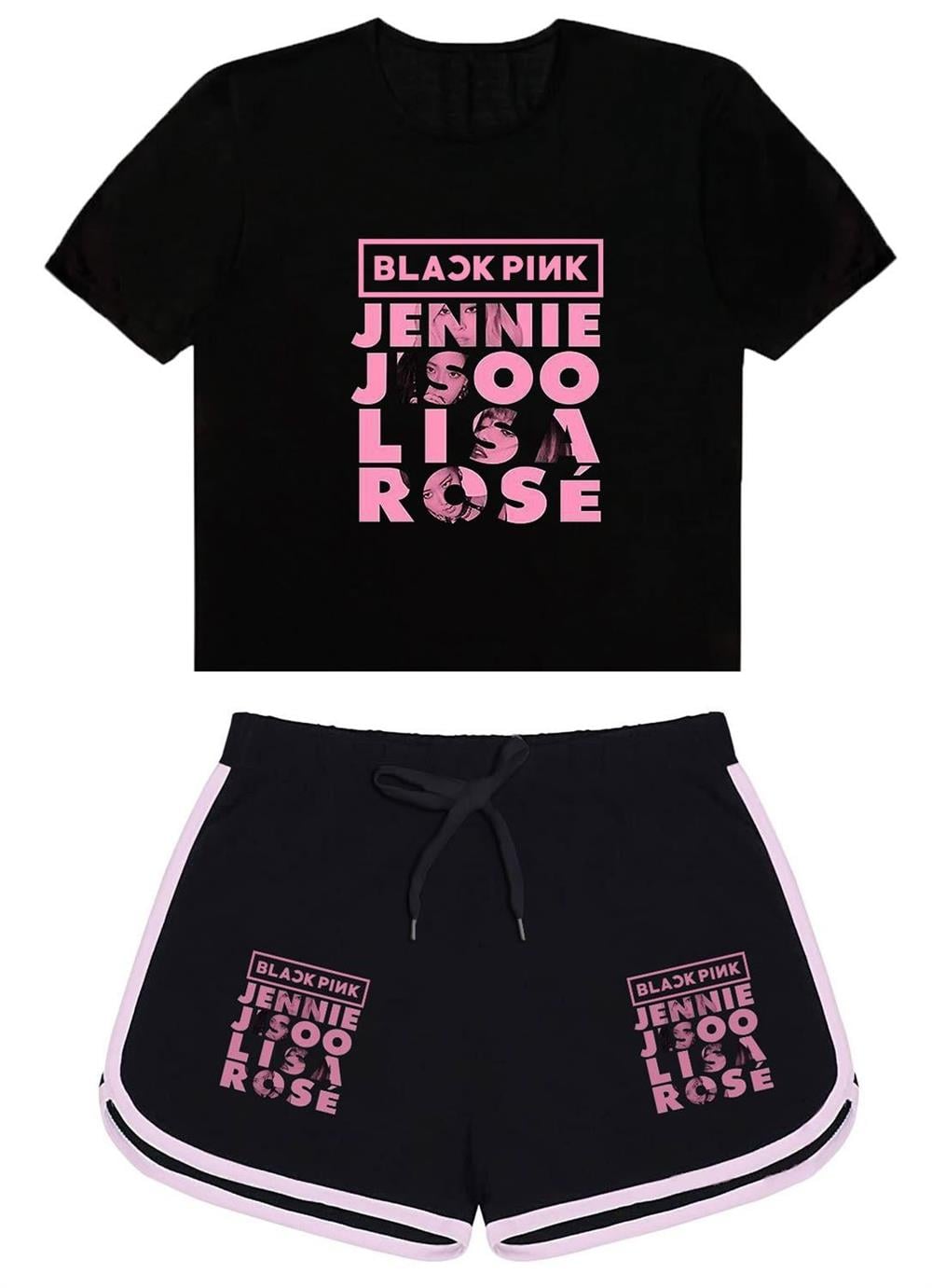 Blackpink Kare Baskılı Siyah Tshirt Ve Blackpink kare  Baskılı Siyah Şort Kombin