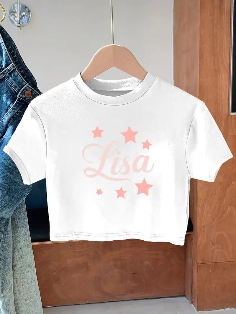 Blackpink Lisa Baskılı Beyaz Crop Dar Kalıp Crop Top