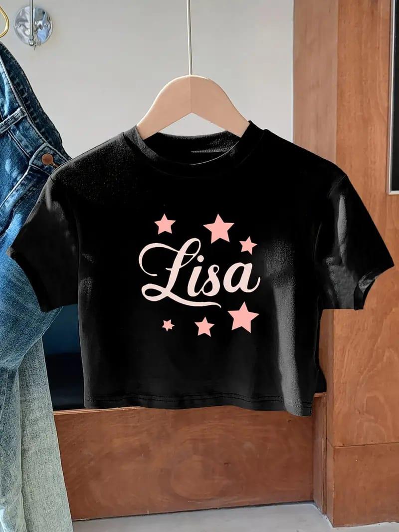 Blackpink Lisa Baskılı Siyah Crop Dar Klıp Crop Top