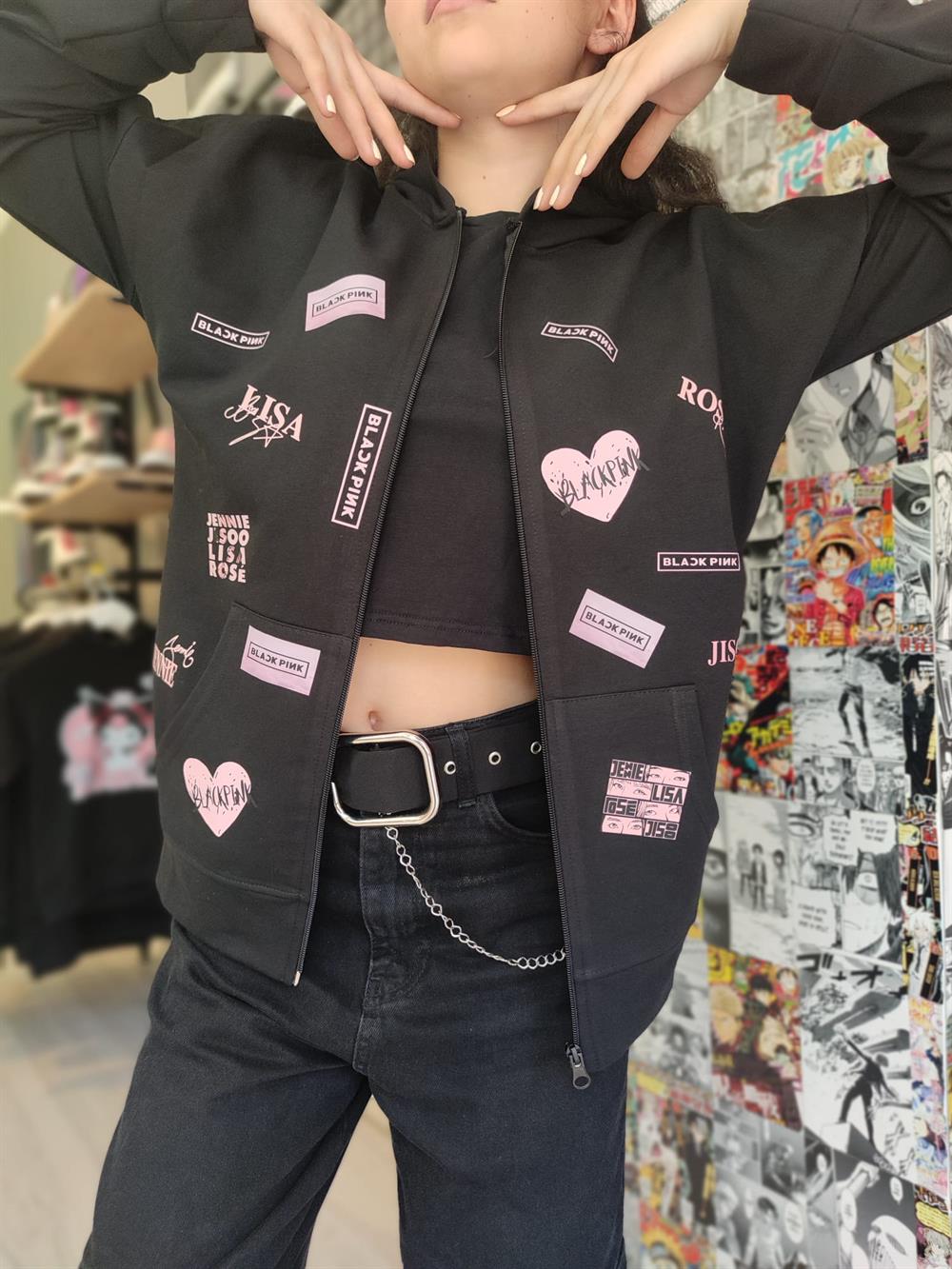 Blackpink Mix Baskılı Siyah Kapüşonlu Fermuarlı Hırka Sweatshirt
