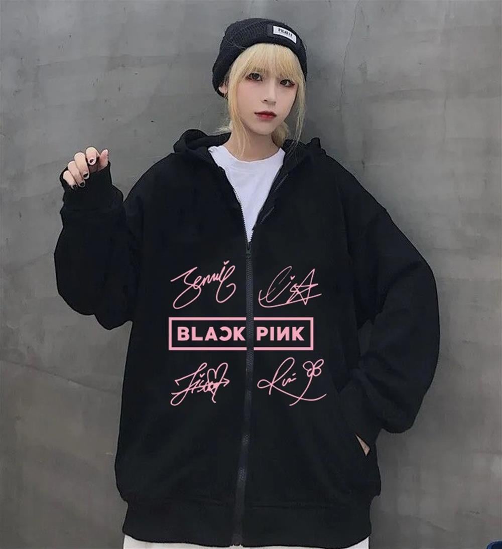 Blackpink Ön İmza Baskılı Fermuarlı KapüşonluU Hırka Sweatshirt 
