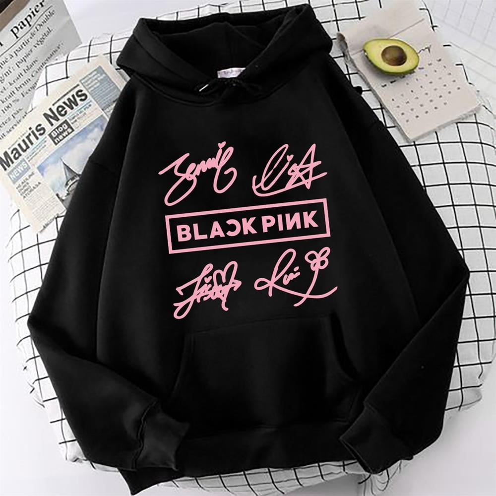 Blackpink Ön İmza Baskılı Siyah Oversize Sweatshirt Kapüşonlu Hoodie