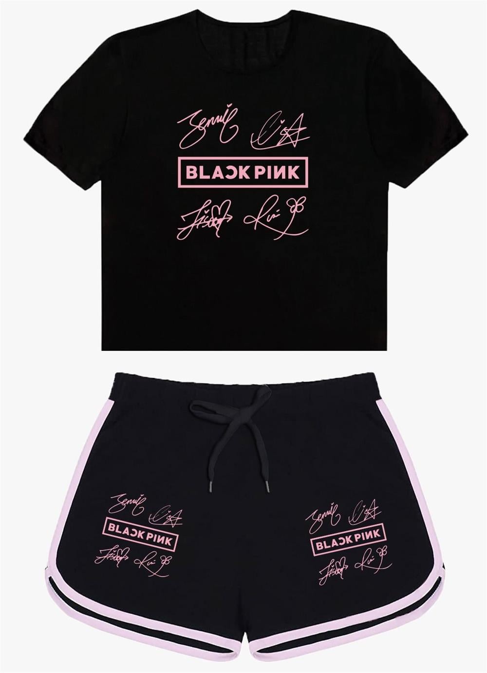 Blackpink Ön İmza Baskılı Siyah Tshirt Ve Blackpink İmza Baskılı Siyah Şort Kombin