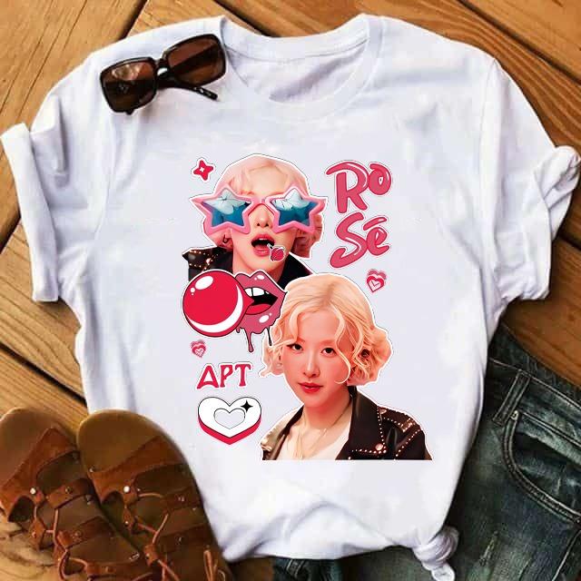 Blackpink Rose APT Baskılı Beyaz Tişört T-shirt