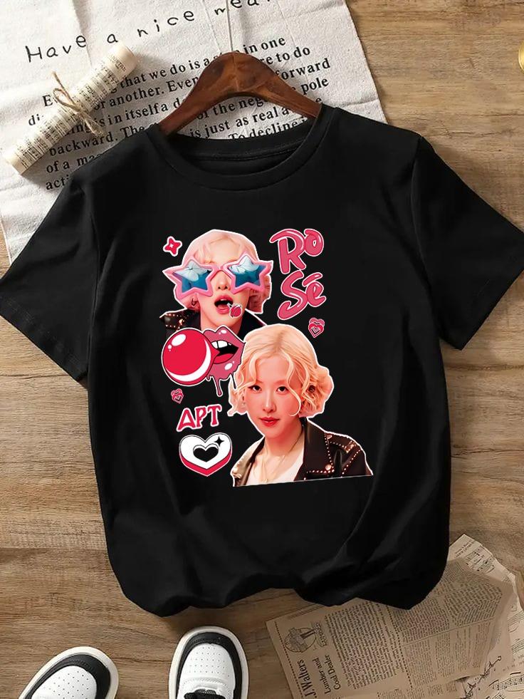 Blackpink Rose APT Baskılı Siyah Tişört T-shirt
