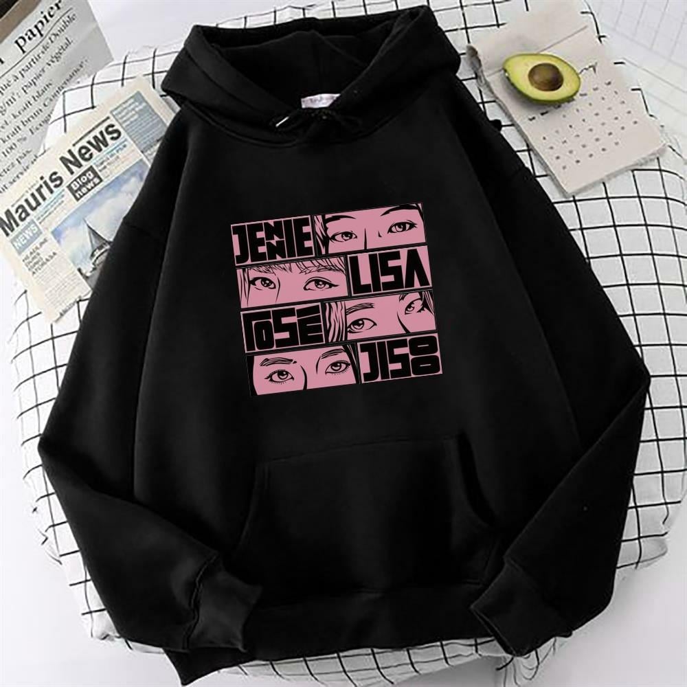 Blackpink Üye İsim Baskılı Siyah Oversize Sweatshirt Kapüşonlu Hoodie