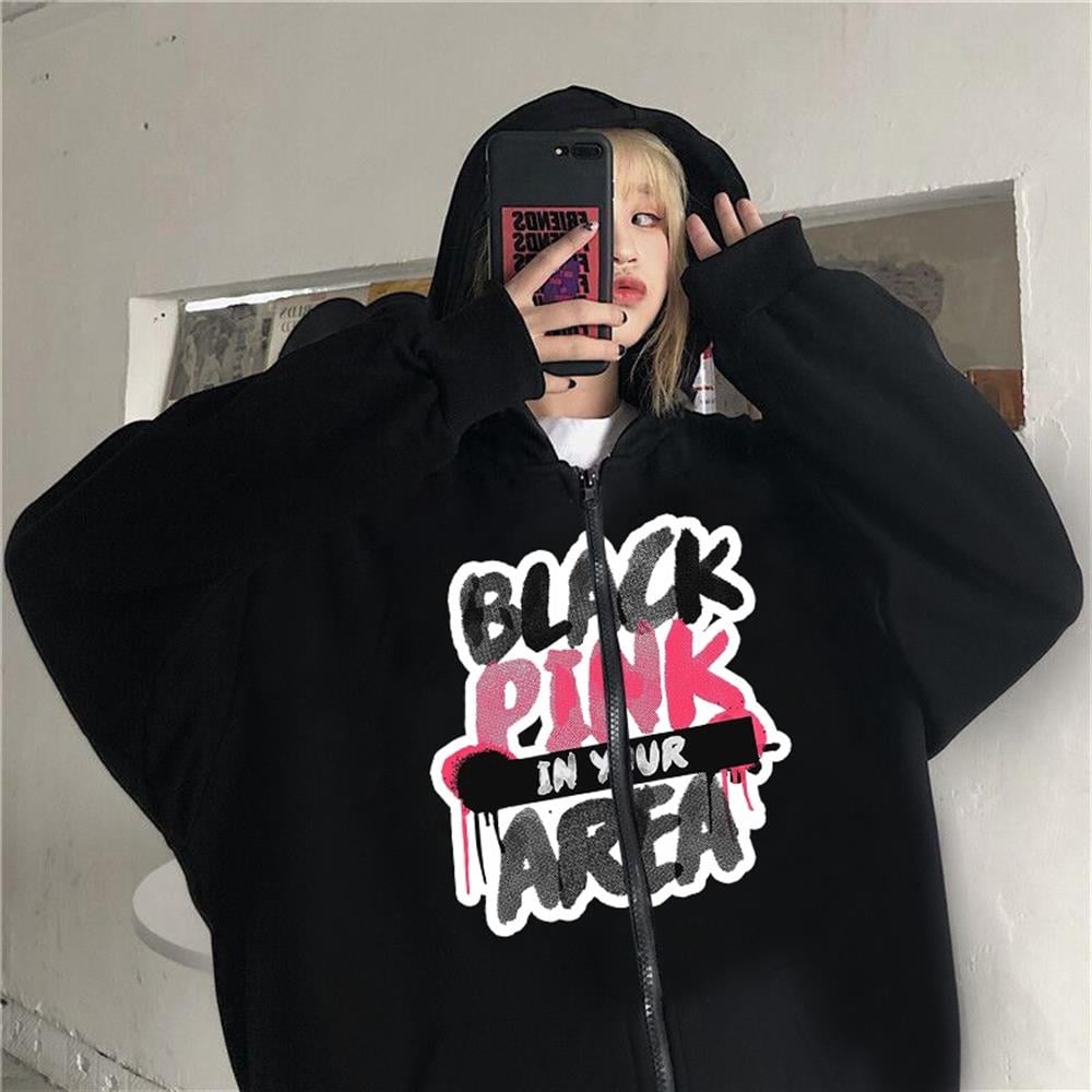 Blakpink Area Baskılı Siyah Fermuarlı Hırka Sweatshirt