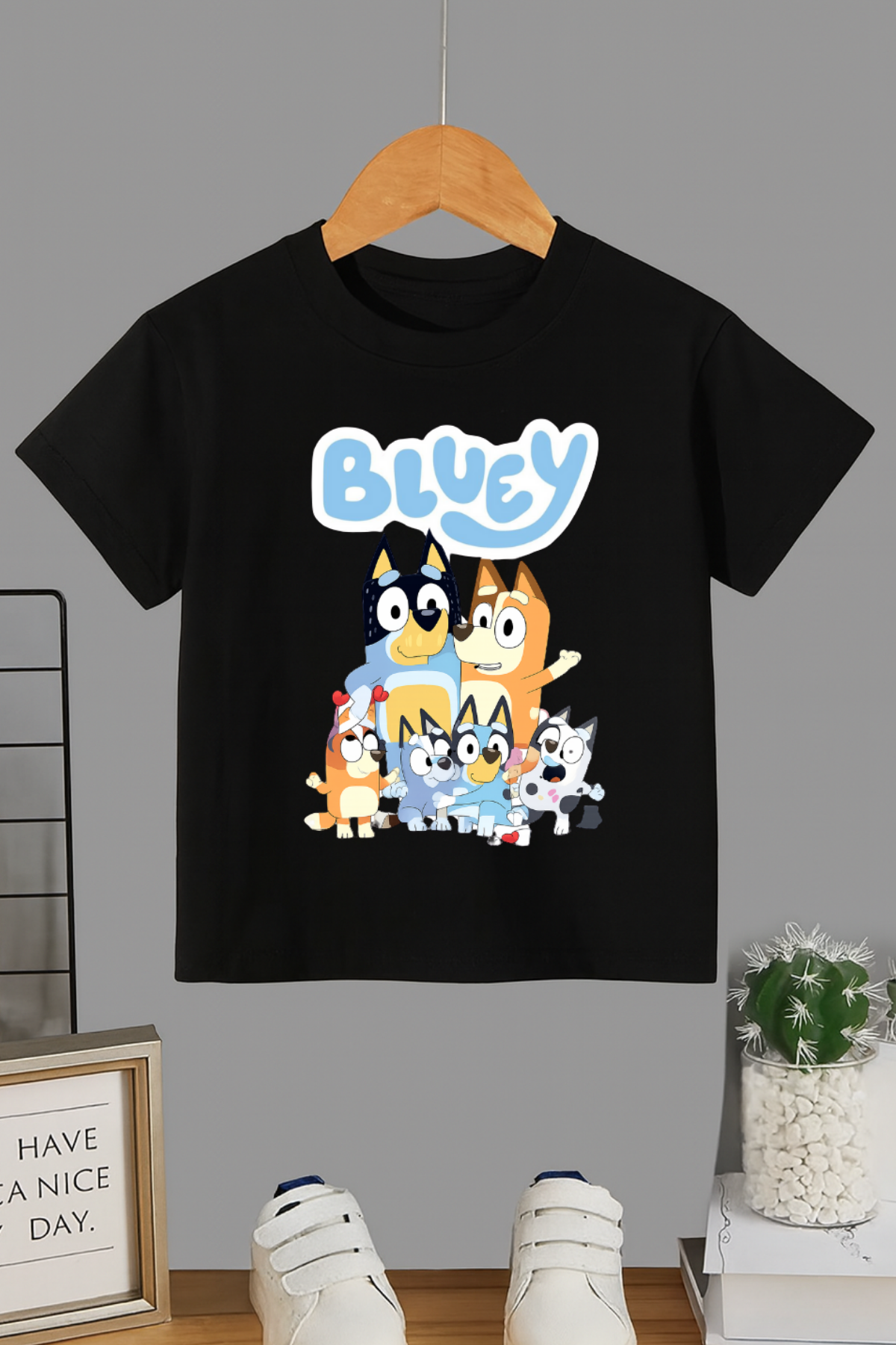 Bluey Aile Baskılı Siyah Unisex Tişört