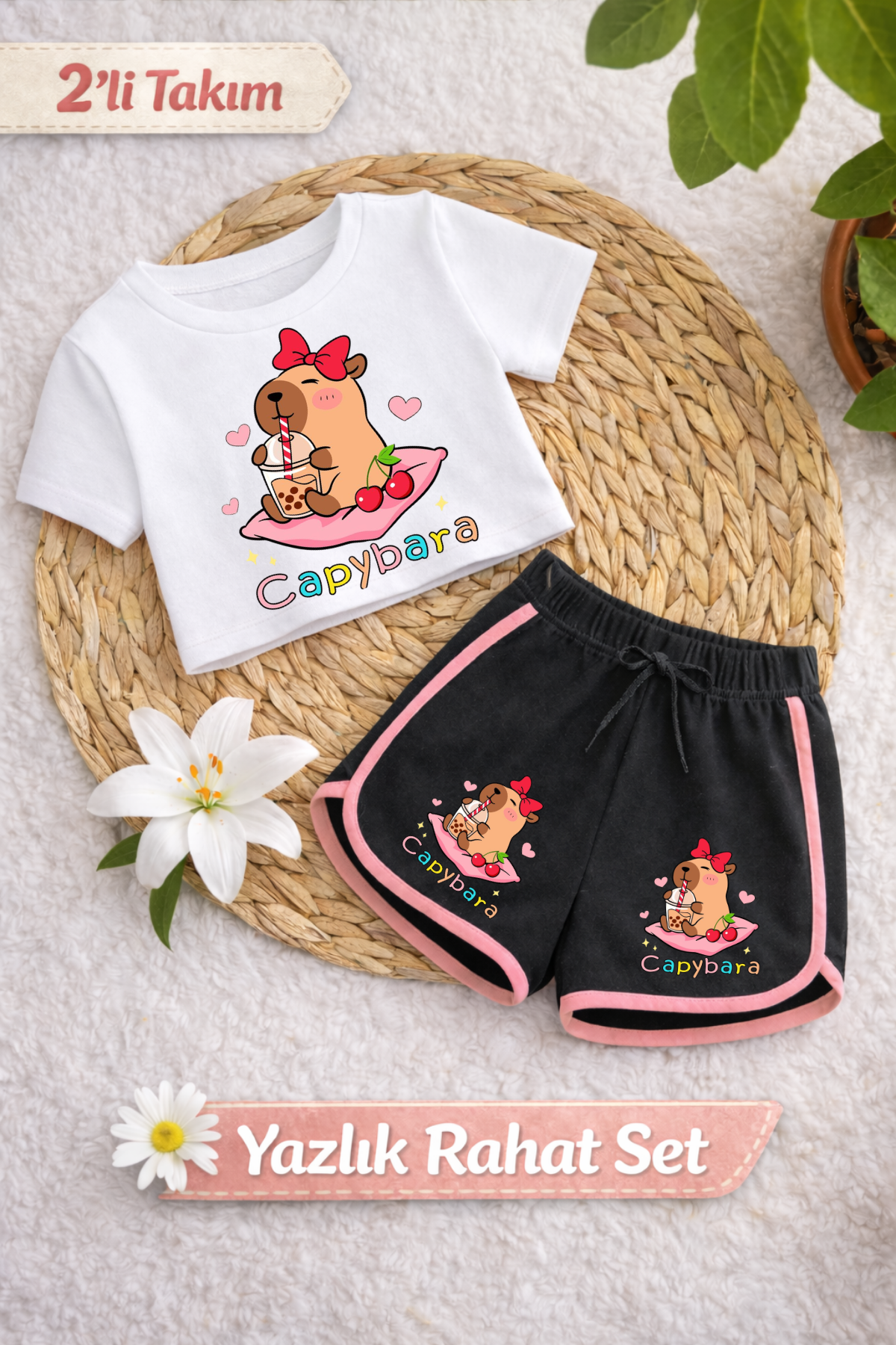 Capybara 3 Baskılı Beyaz Crop Siyah Şort Takım