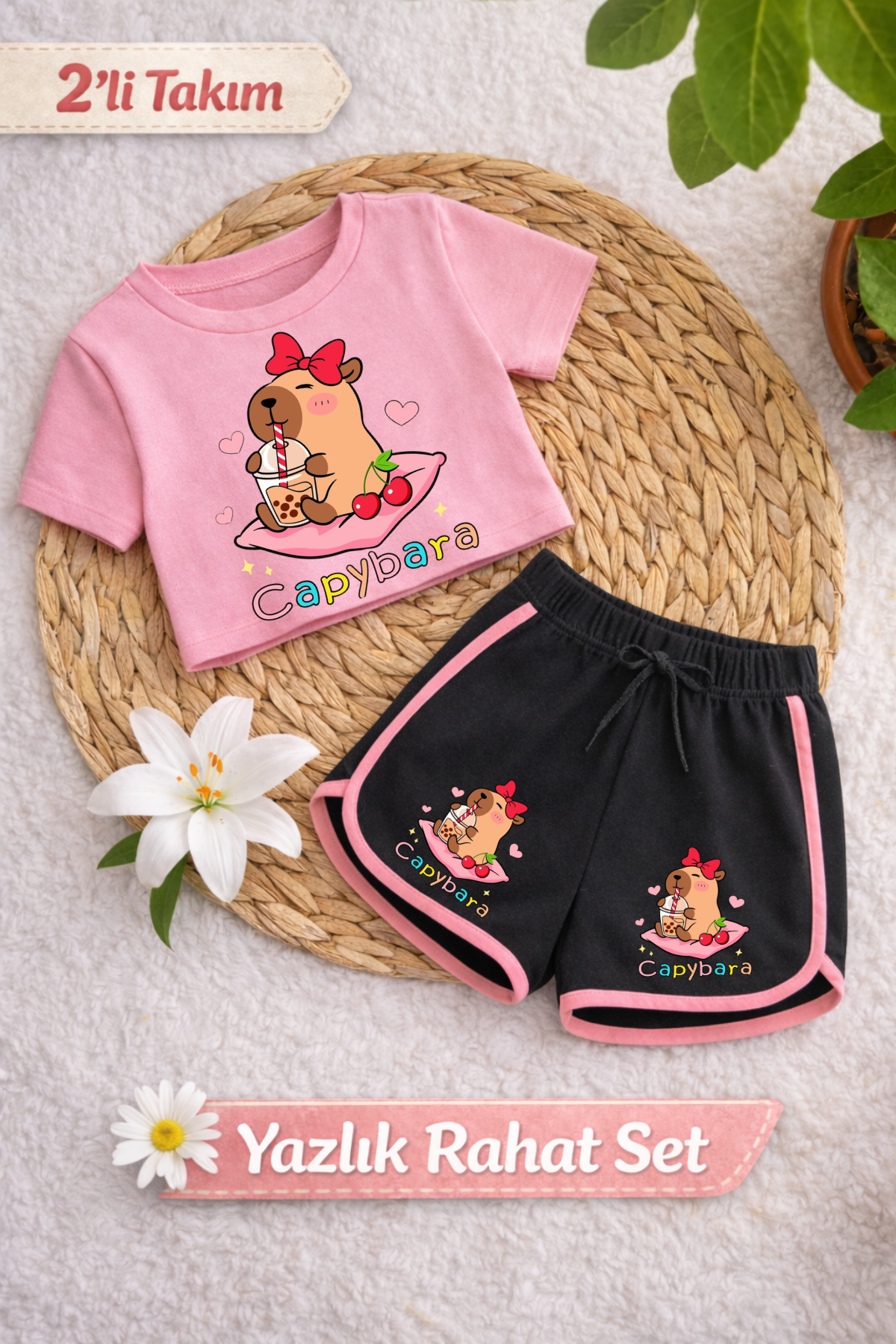 Capybara 3 Baskılı Pembe Crop Siyah Şort Takım