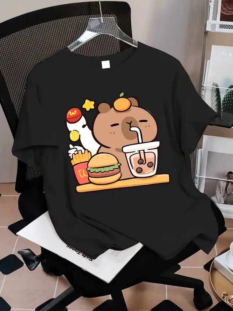 CapyBara Çocuk Menüsü Baskılı Siyah Tişört 