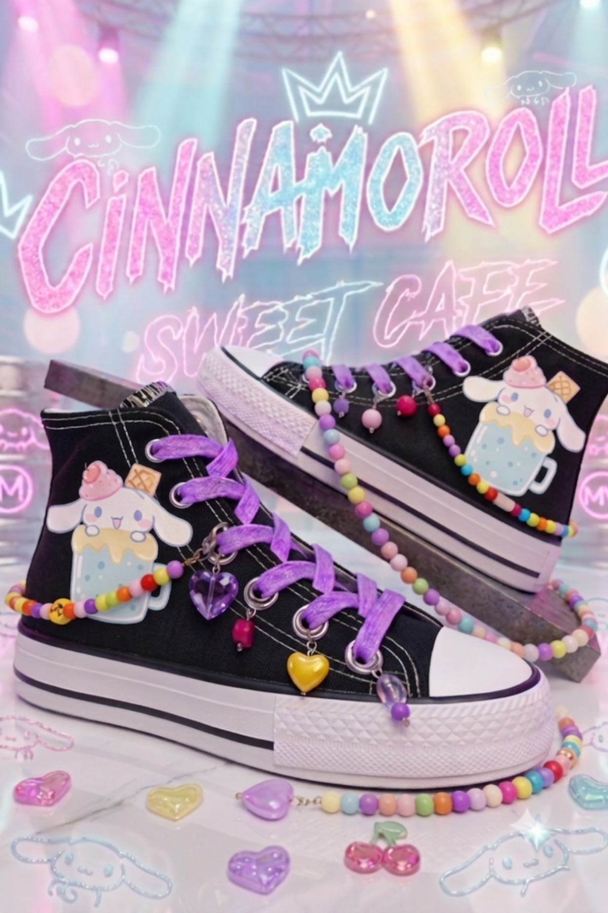 Cinnamoroll Buble Baskılı Siyah Boncuk ve Halhallı Bilekli Spor Ayakkabı Sneaker 