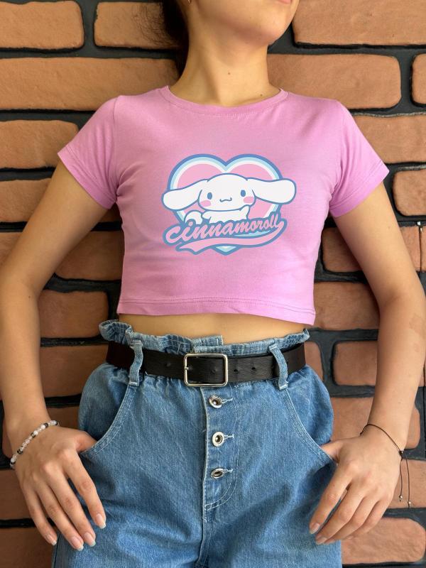 Cinnamoroll Kalp Baskılı Pembe Crop (dar kalıptır)