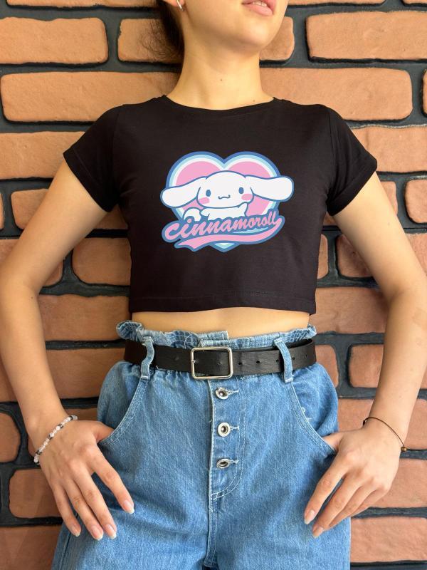 Cinnamoroll Kalp Baskılı Siyah Crop 