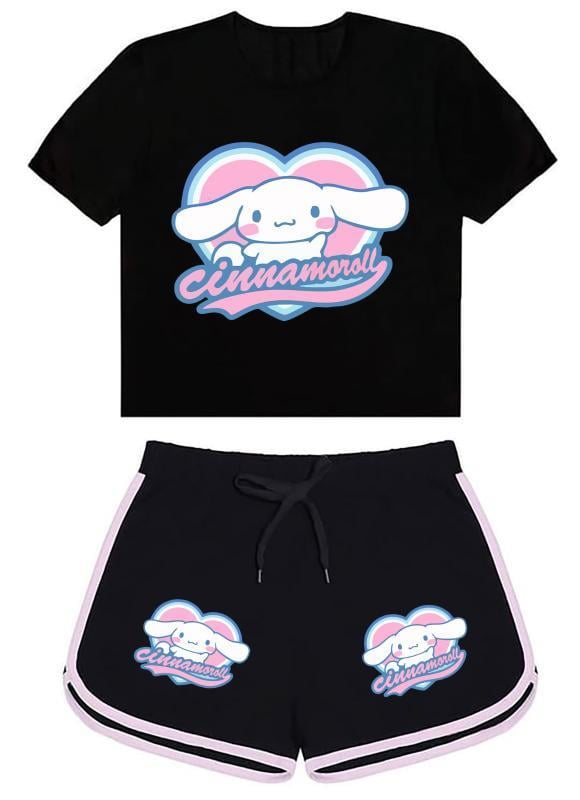 Cinnamoroll Kalp Baskılı Siyah Şort/Tişört Takım