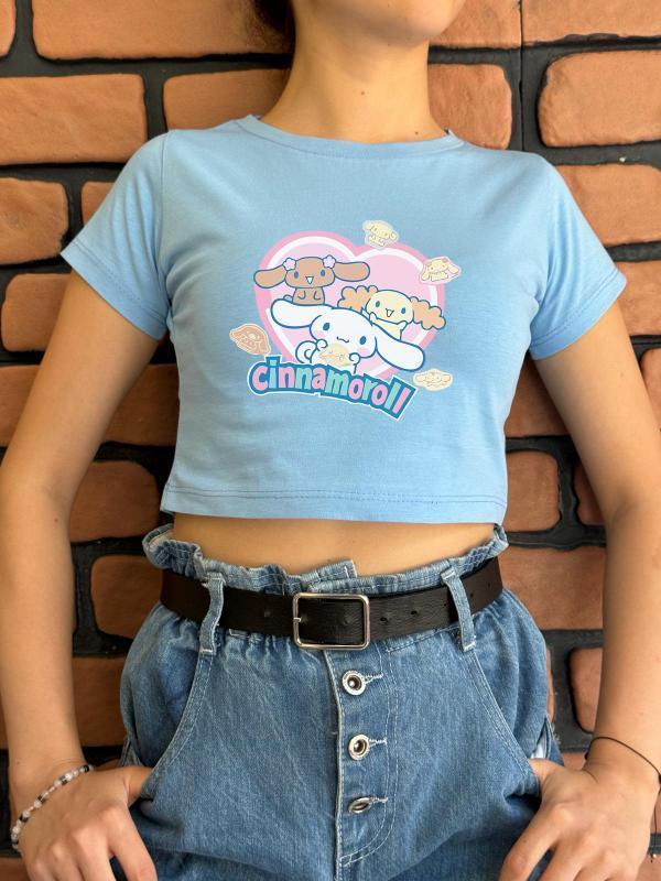 Cinnamoroll Yeni Sezon Baskılı Mavi Crop (dar kalıptır)