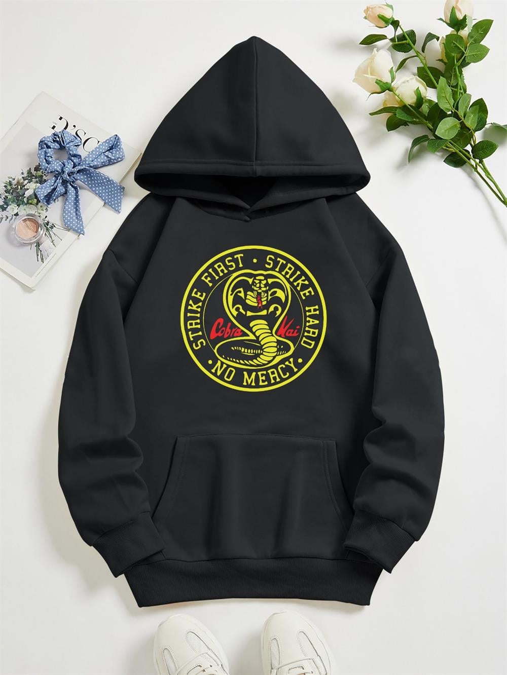 CobraKai Baskılı Siyah Oversize Sweatshirt Kapüşonlu Hoodie