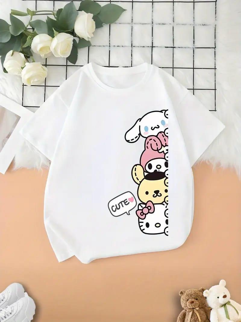 Cute 4 karakter Baskılı Beyaz Tam Kalıp Kız Çocuk Anne KombinTişört Tshirt