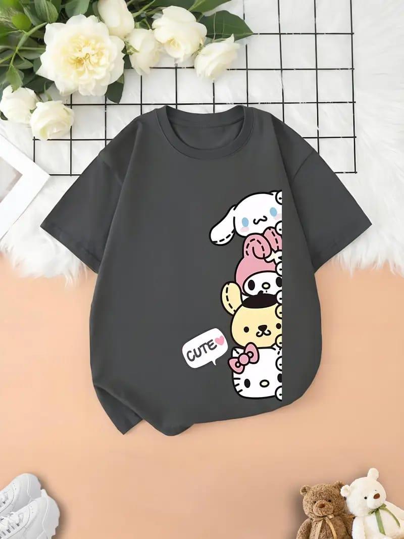 Cute 4 karakter Baskılı  Siyah Tam Kalıp Kız Çocuk Anne KombinTişört Tshirt