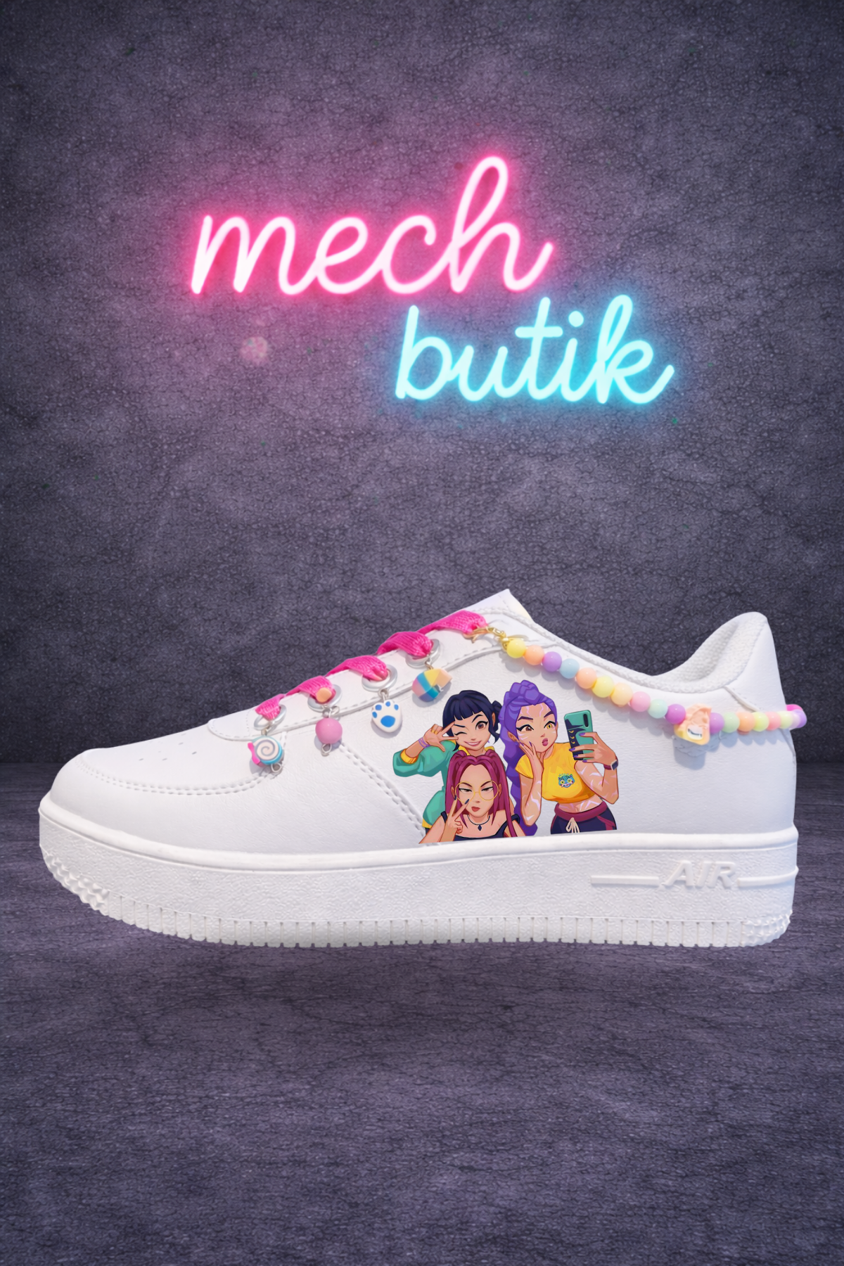 Demon Hunters Huntrix Cep Baskılı Beyaz Boncuk Ve Halhallı Spor Ayakkabı Sneaker 