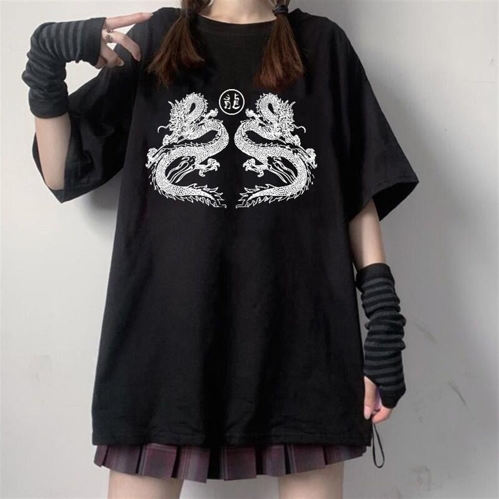 Dragon Beyaz Baskı Siyah Oversize Tshirt Tişort
