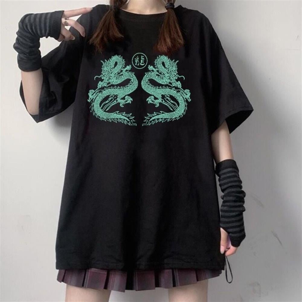 Dragon Yeşil Baskı Siyah Oversize Tshirt Tişort