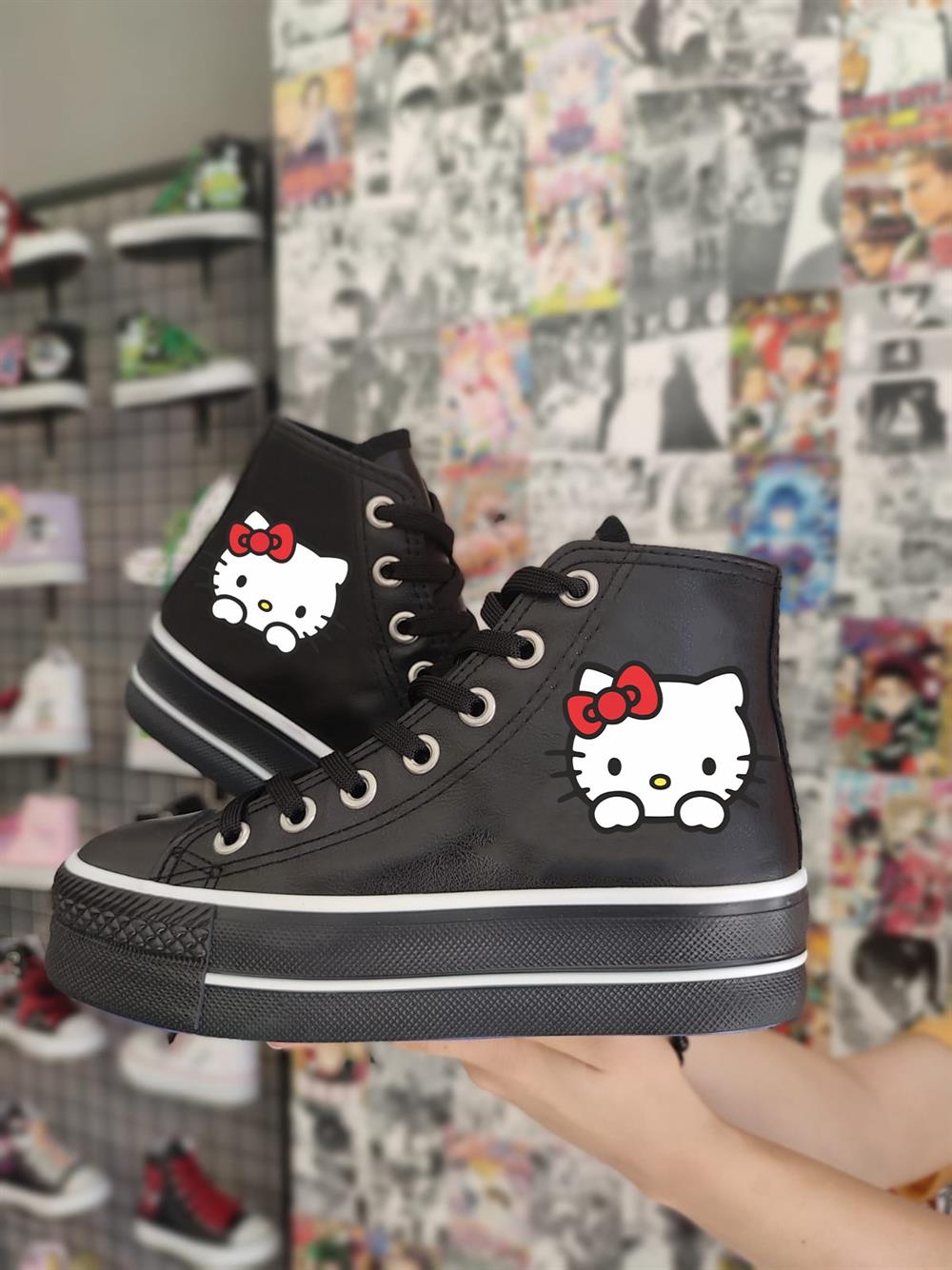 HelloKitty Baskılı Deri Yüksek Şeffaf Taban Bilekli Spor Ayakkabı Sneaker