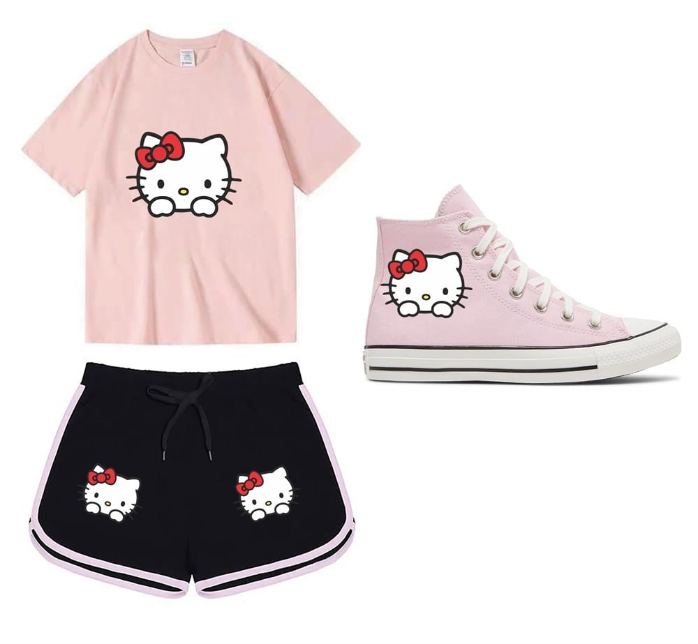 Hellokitty Baskılı Pembe Tshirt siyah şort Pembe Ayakkabı Kombin