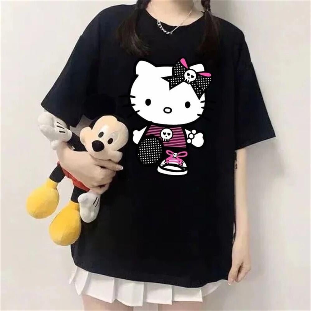 Hellokitty Baskılı Siyah Büyük Baskı Oversize Tshirt Tişort