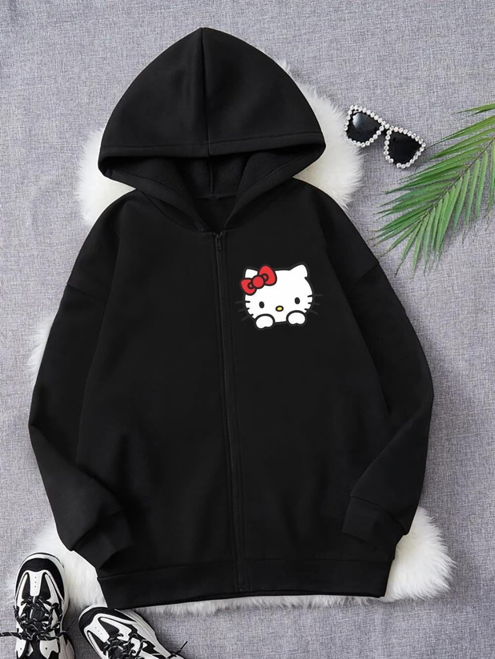 Hellokitty Baskılı Siyah Fermuarlı Hırka Sweatshirt