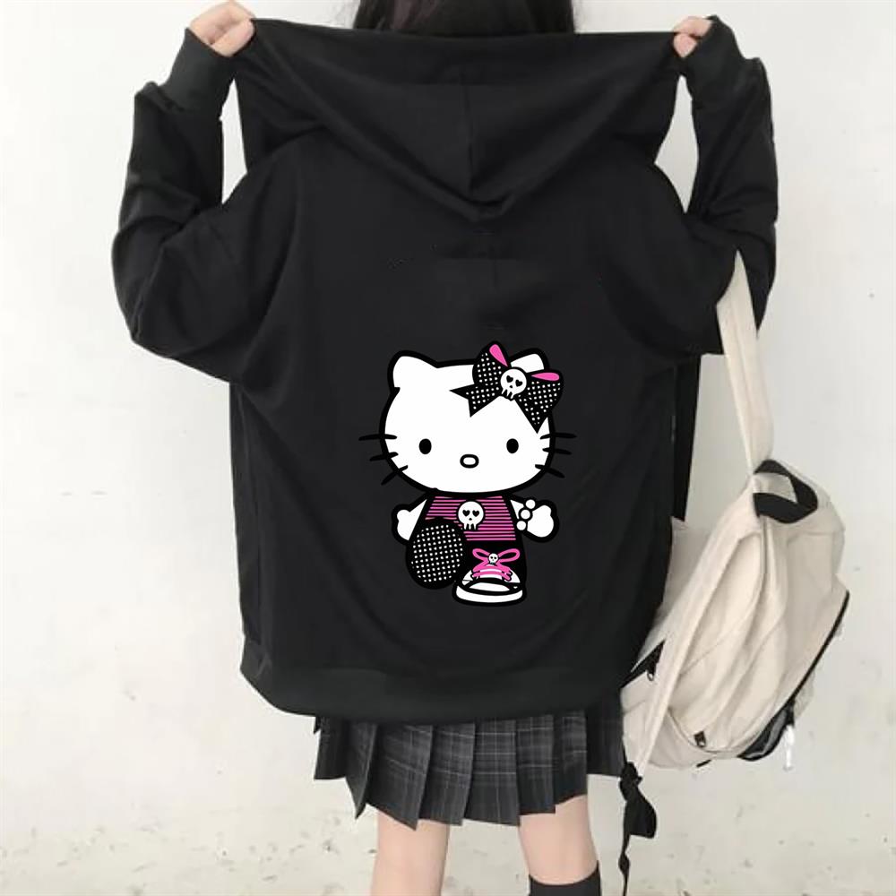 Hellokitty Büyük Baskılı Siyah Fermuarlı Hırka Sweatshirt