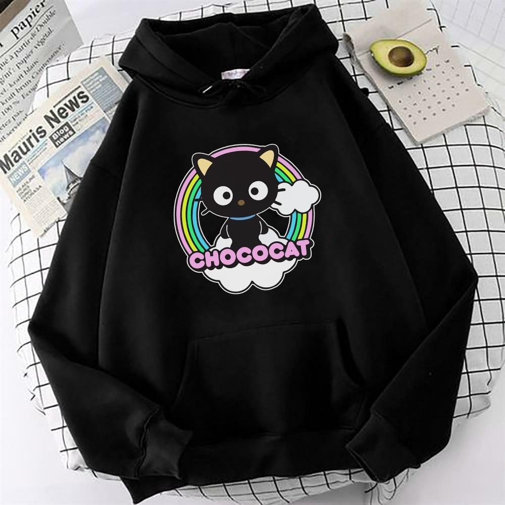 HelloKitty Chococat Baskılı Siyah Oversize Sweatshirt Kapüşonlu Hoodie