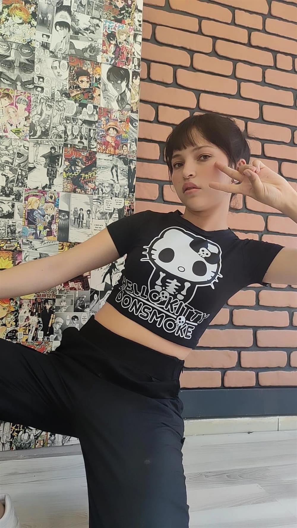 HelloKitty Crop Tshirt Hellokitty Donsmoke Baskılı Siyah Dar Kalıp Crop Tişört