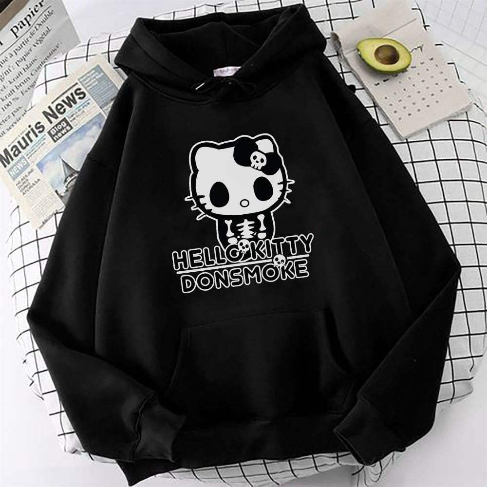 HelloKitty Donsmoke Baskılı Siyah Oversize Sweatshirt Kapüşonlu Hoodie