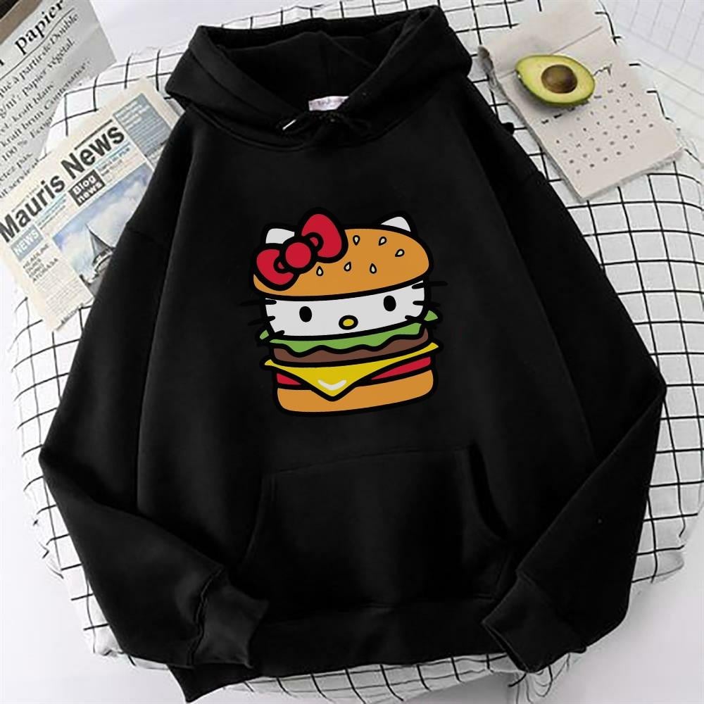 HelloKitty Hamburger Baskılı Siyah Oversize Sweatshirt Kapüşonlu Hoodie