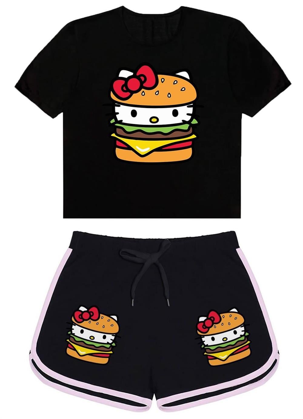 HelloKitty Hamburger Baskılı Siyah Tshirt Ve HelloKitty Hamburger Baskılı Siyah Şort Kombin