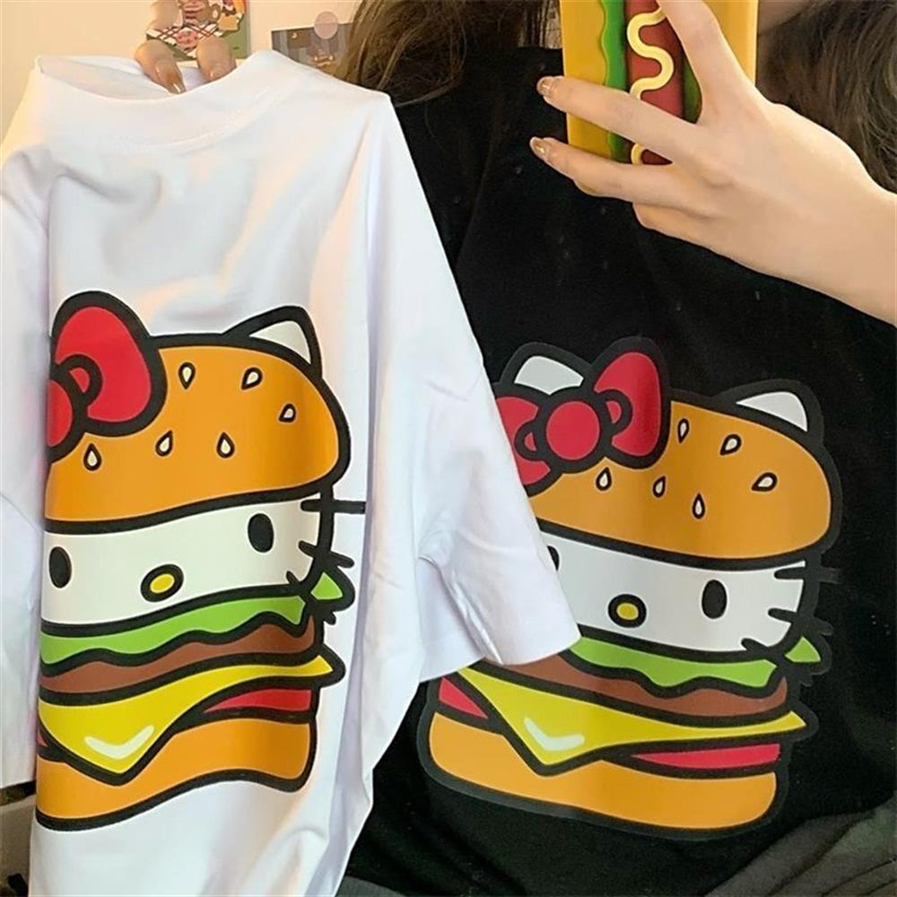 Hellokitty Hamburger Baskılı Siyah/Beyaz Tshirt