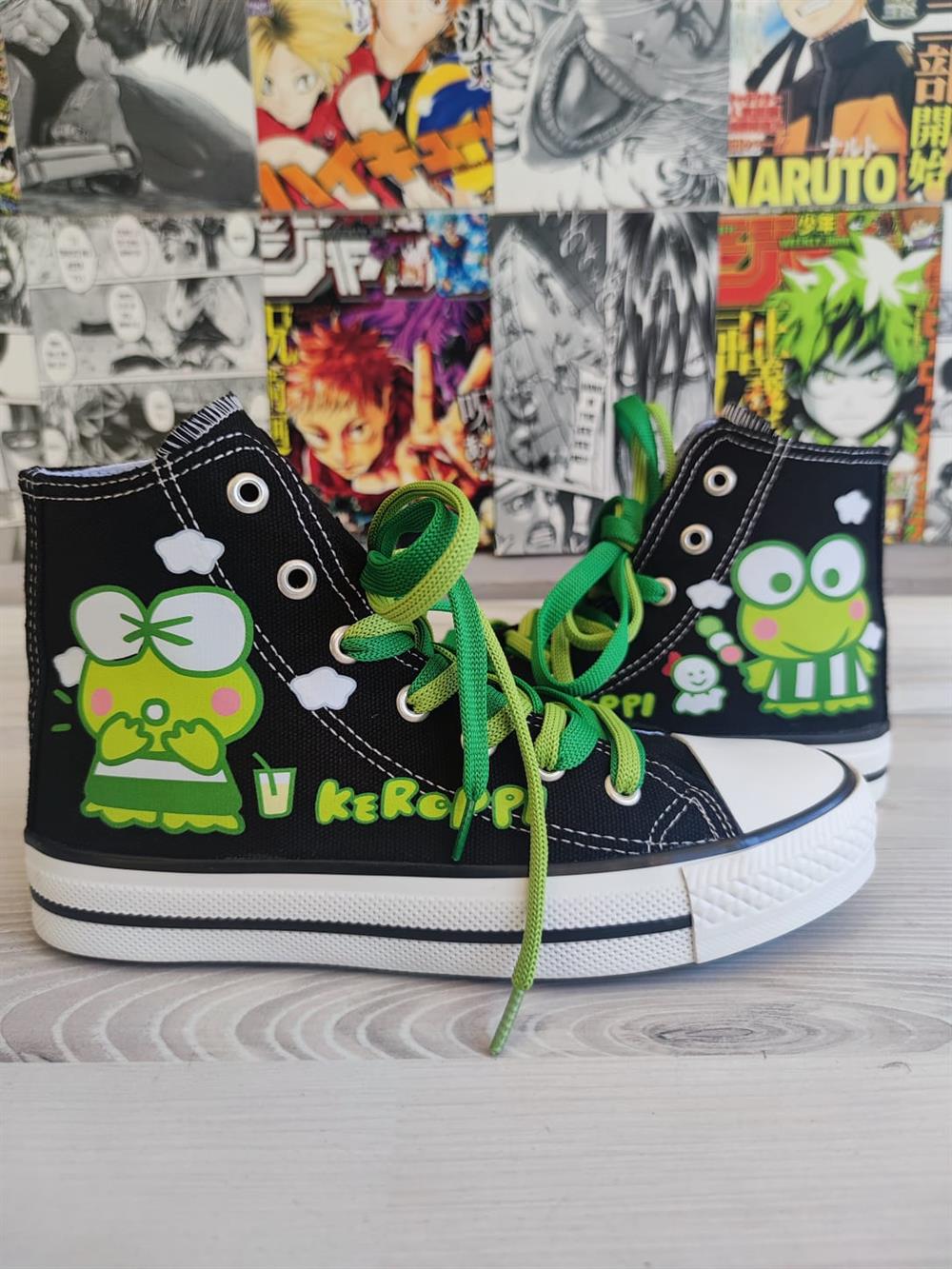 HelloKitty Keroppi Baskılı Siyah Bilekli Unisex Spor Ayakkabı Sneaker