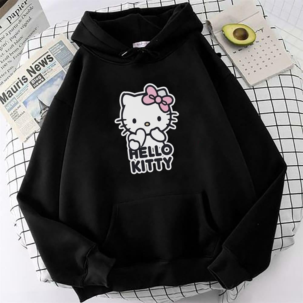 HelloKitty Pembe Kurdele Baskılı Siyah Oversize Sweatshirt Kapüşonlu Hoodie