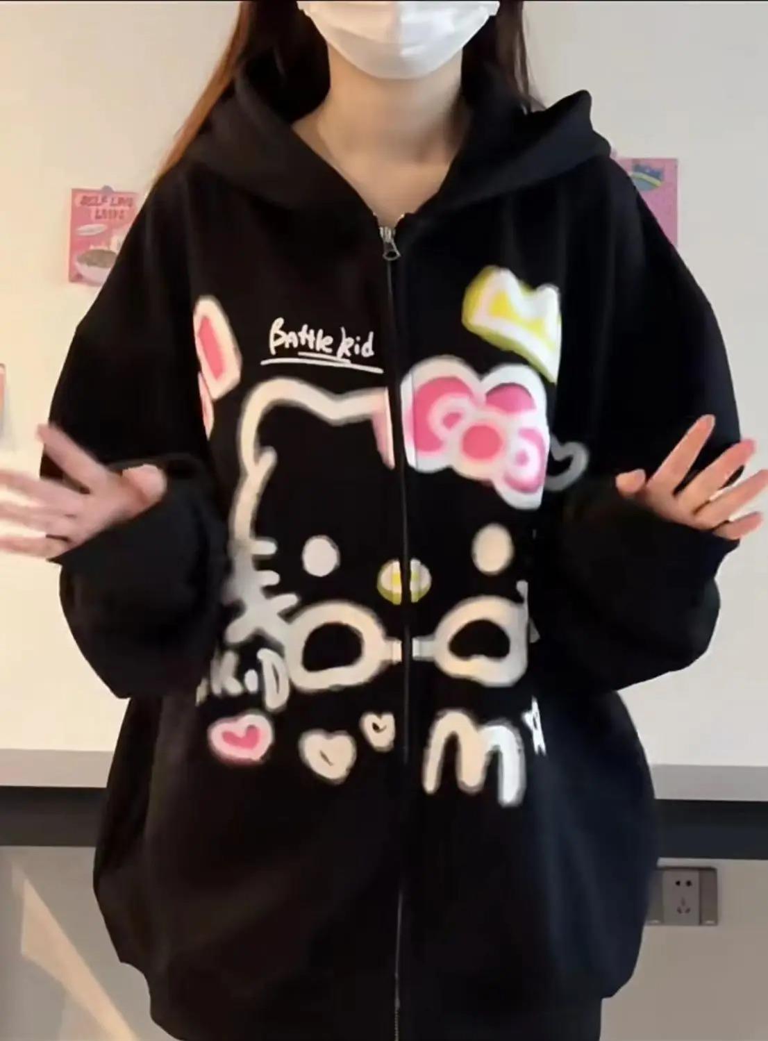Hellokitty SpreyBoya Efekt Baskılı Siyah Fermuarlı Hırka Sweatshirt