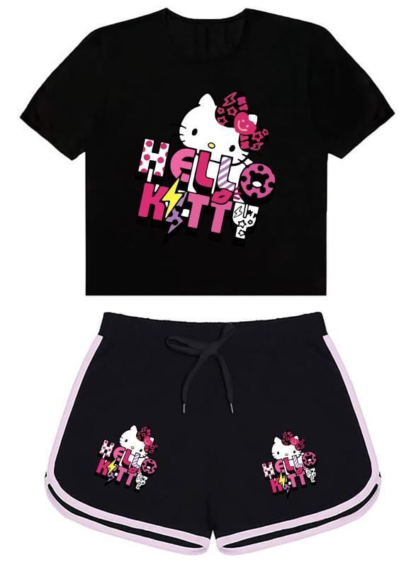 Hellokitty Yeni Sezon Baskılı Siyah Şort/Tişört Takım