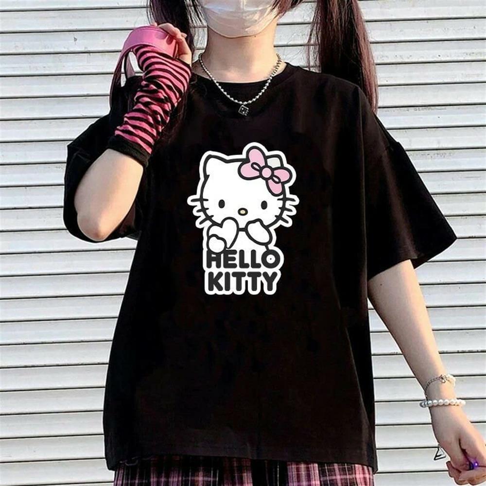 Hkitty Baskılı Oversize Siyah Thsirt Tişört