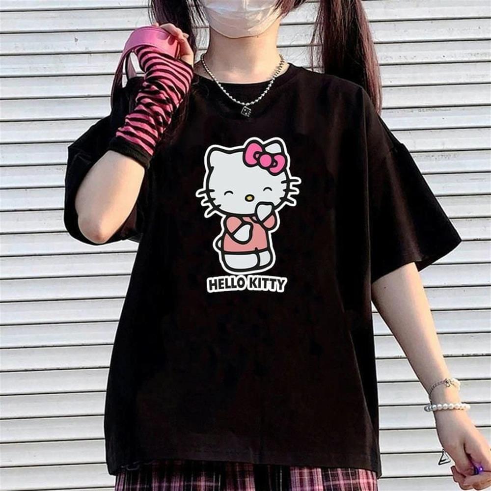 Hkitty Baskılı Siyah Oversize Tshirt(pudra baskı)