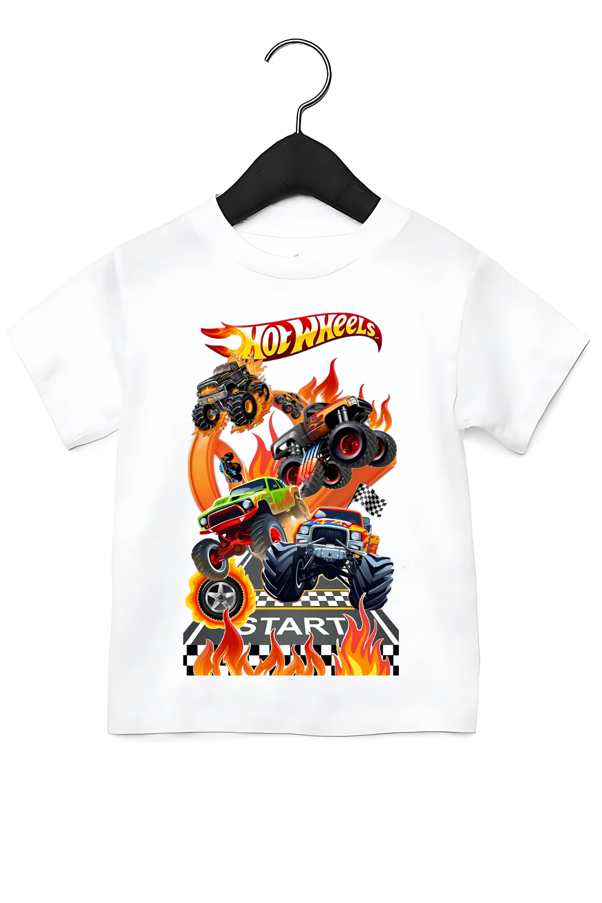 Hot Wheels 3Yeşil Araba Alevli  Baskılı Beyaz Tişört 