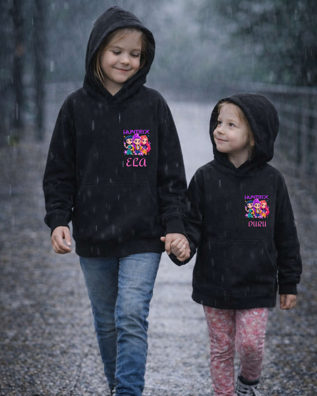 Huntirx Çizim Baskılı Siyah 3 İplik Şardonsuz Sweatshirt